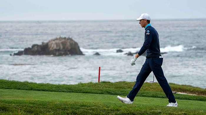 Jordan Spieth walks on the 4th hole during the third round of the 2023 AT&T Pebble Beach Pro-Am at Pebble Beach Golf Links.